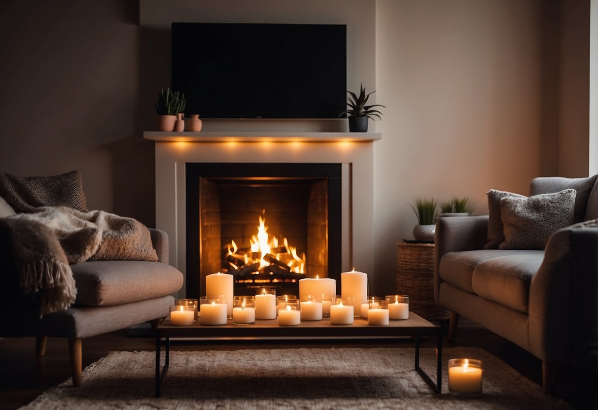 A cozy living room with a fireplace adorned with various candles in different sizes and shapes. The soft glow illuminates the room, creating a warm and inviting atmosphere