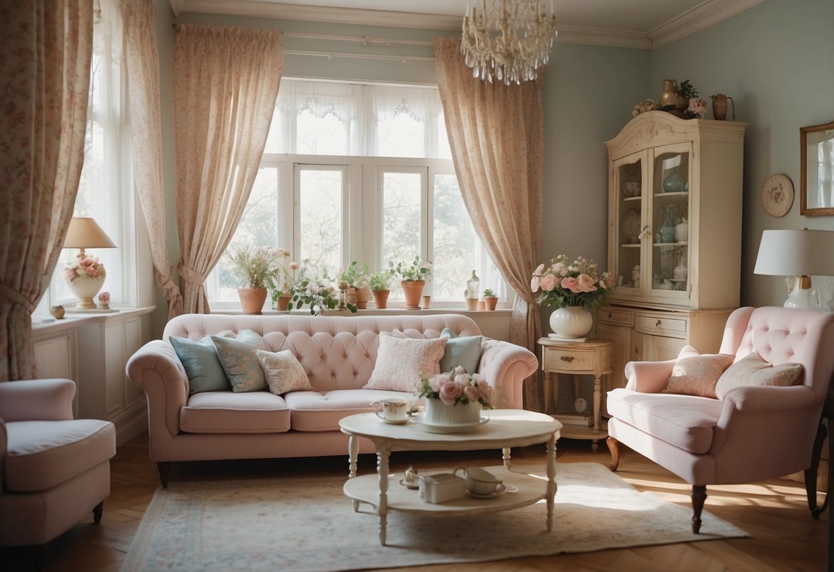 A cozy living room with distressed furniture, floral patterns, and vintage knick-knacks. Soft pastel colors and delicate lace curtains complete the shabby chic aesthetic