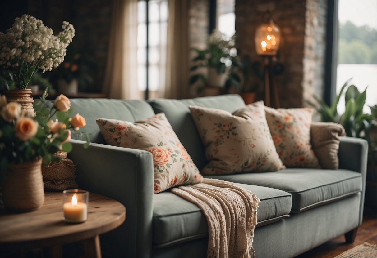 A cozy living room with vintage floral cushions on a worn-out sofa, surrounded by rustic decor and soft, muted colors