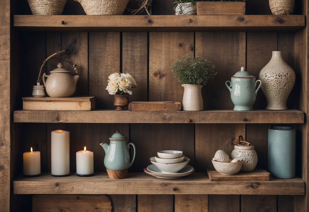 Rustic wooden shelves adorned with shabby chic home decor items