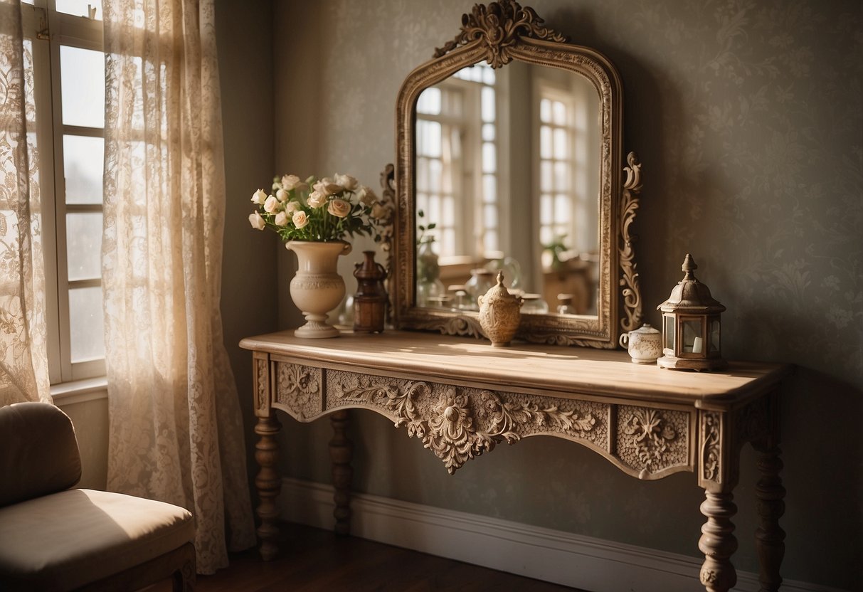 An ornate antique wall mirror hangs above a distressed console table adorned with vintage trinkets. Sunlight streams through lace curtains, casting a soft glow on the shabby chic decor