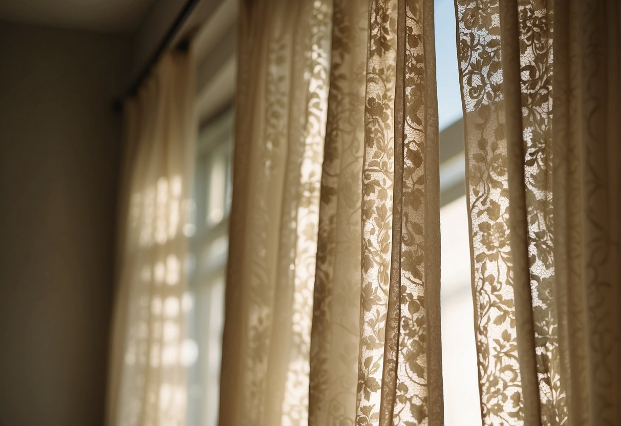 Lace-trimmed curtains hang gracefully in a sunlit room, adding a touch of shabby chic elegance to the cozy home decor