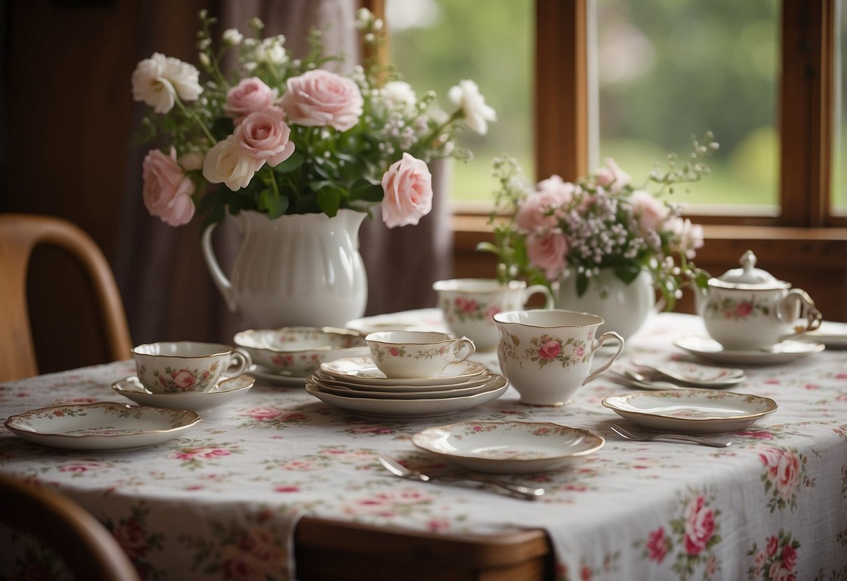 A floral print tablecloth drapes over a rustic wooden table, adorned with vintage tea sets and fresh flowers, creating a shabby chic home decor vibe