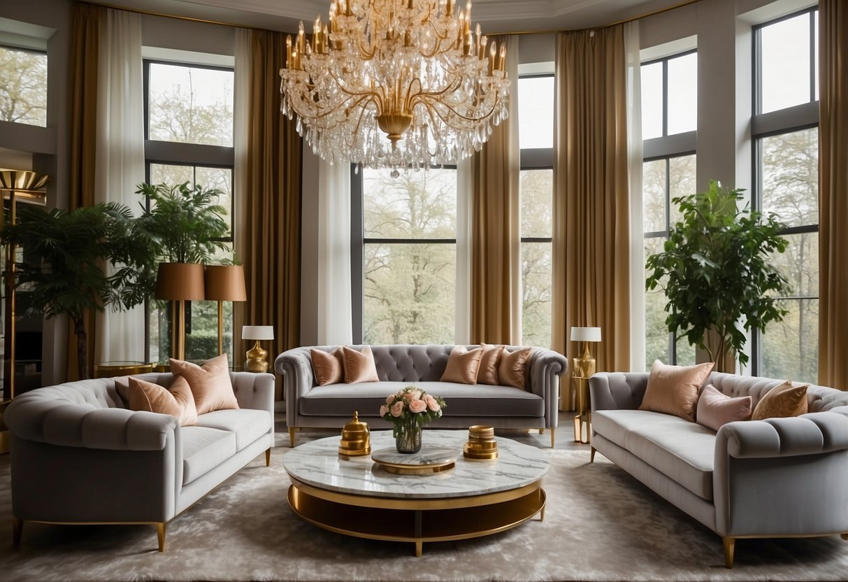 A luxurious living room with velvet sofas, gold accents, and crystal chandeliers. A marble fireplace and large windows complete the elegant decor