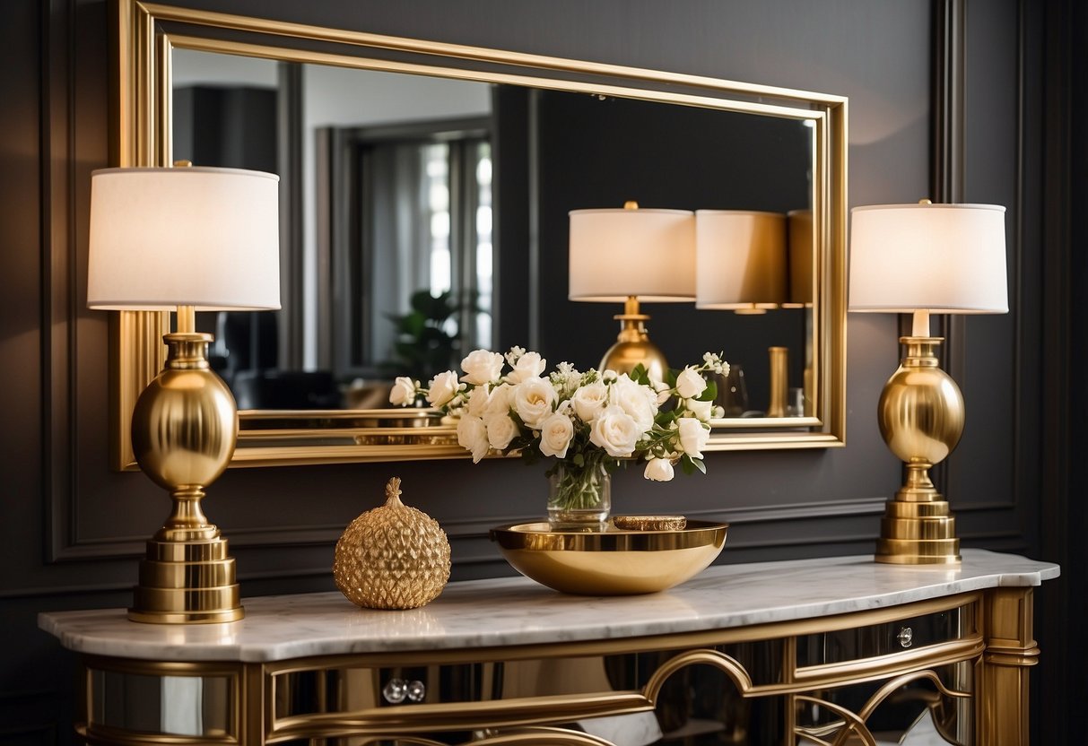 A luxurious gold accent mirror hangs above a sleek console table, reflecting the opulent decor of a glamorous home