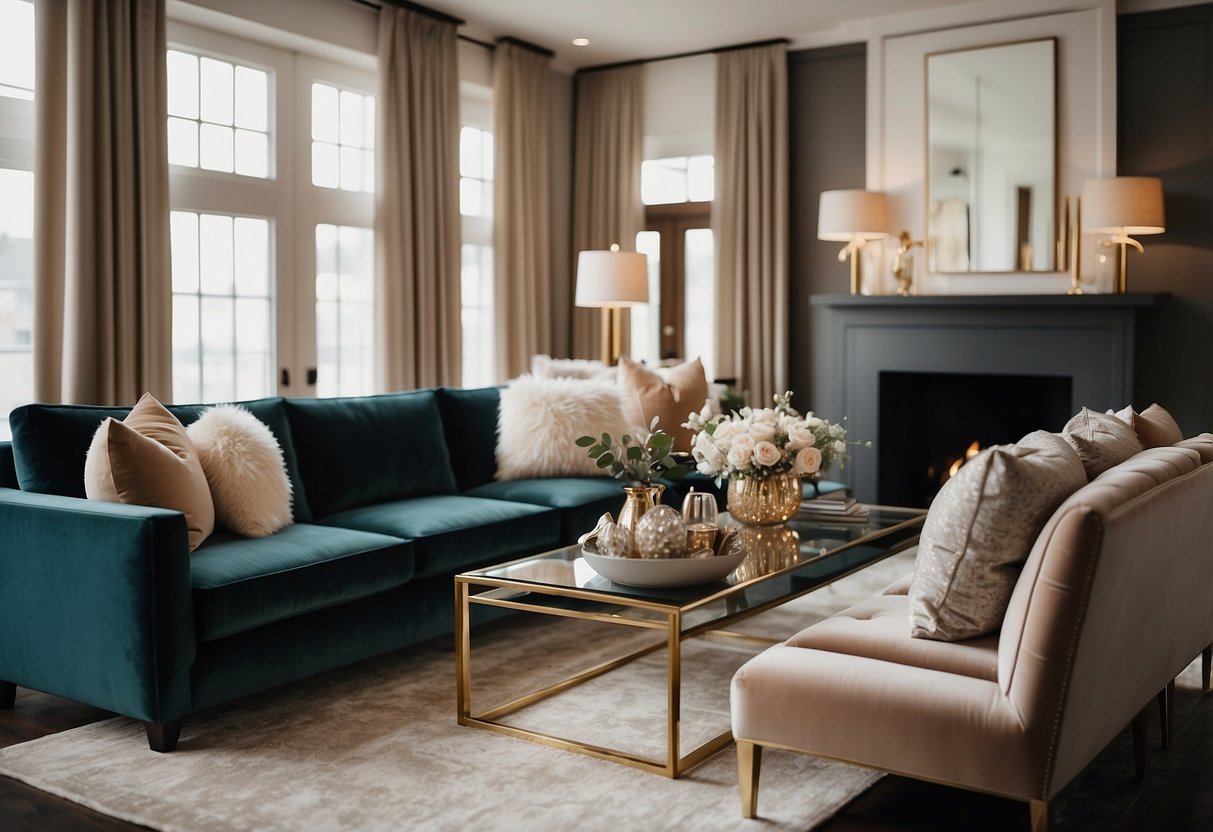 A luxurious living room with velvet throw pillows on a plush couch, adding a touch of glamour to the home decor