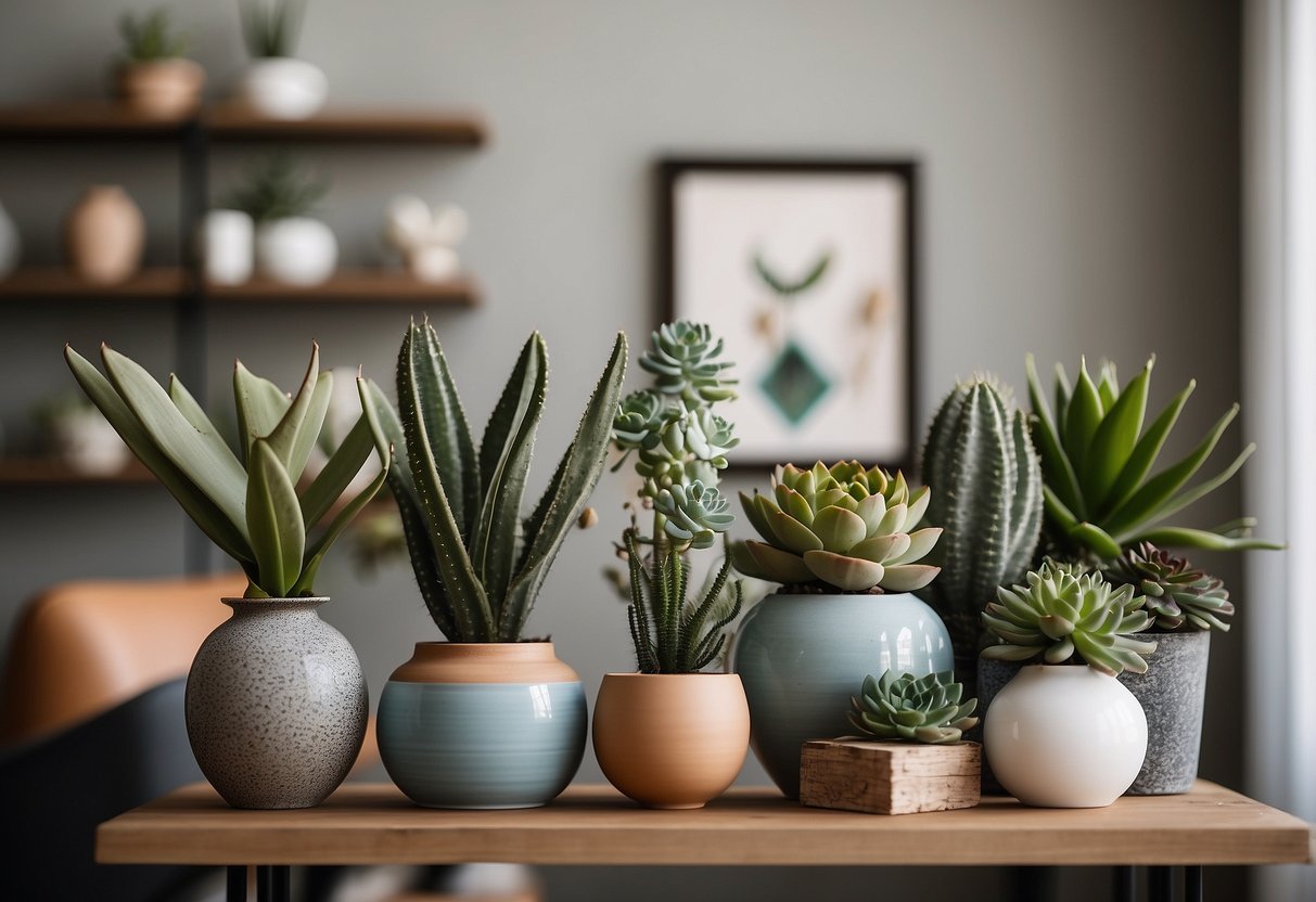 A modern living room with floating shelves displaying decorative vases, succulents, and art books. A mix of textures and colors adds visual interest to the space