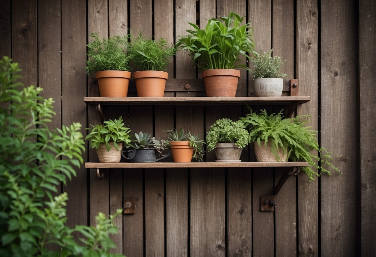 A rustic metal bracket shelf hangs on a weathered wooden wall, adorned with potted plants and vintage trinkets