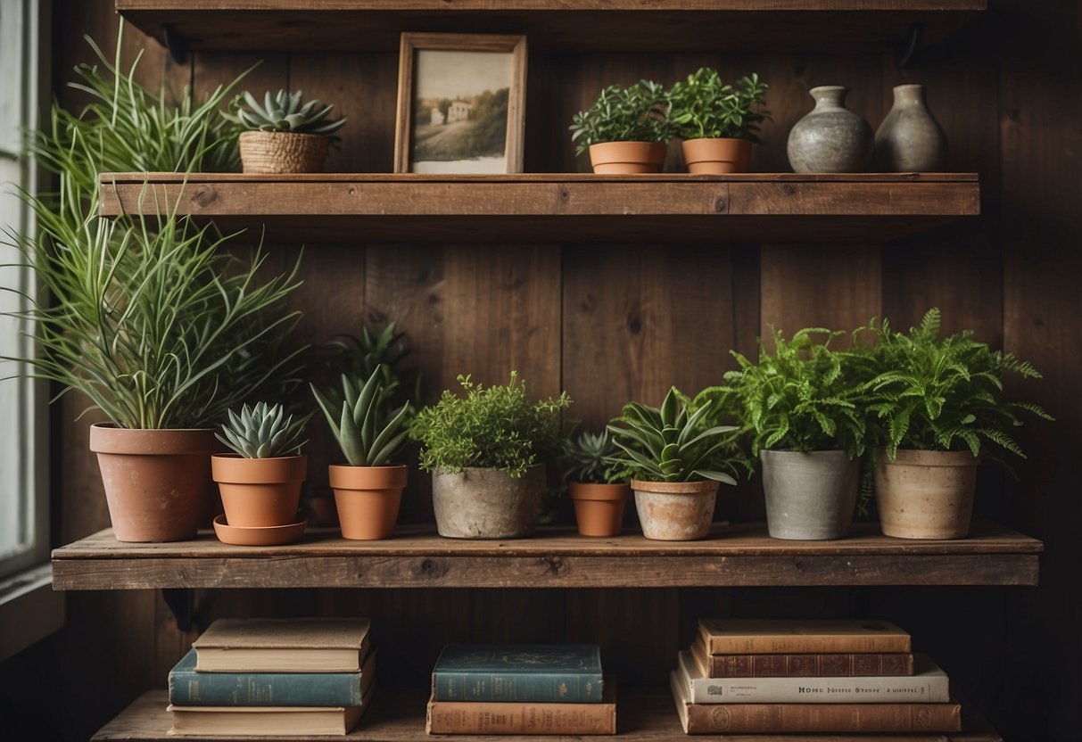 A rustic reclaimed wood shelf adorned with potted plants and vintage books, adding a touch of warmth and character to a cozy living room