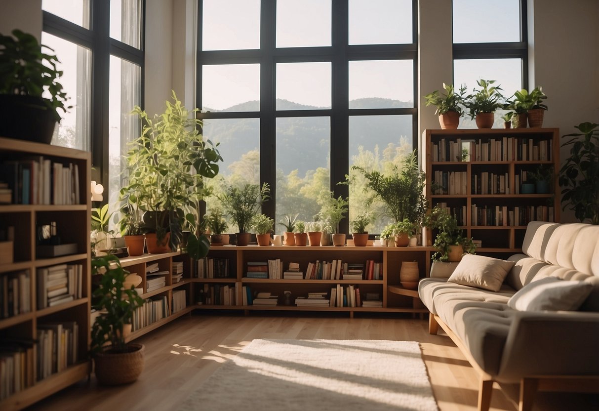 A cozy living room with a modern shelf filled with books, plants, and decorative items. Natural light streams in, casting a warm glow on the well-organized shelves