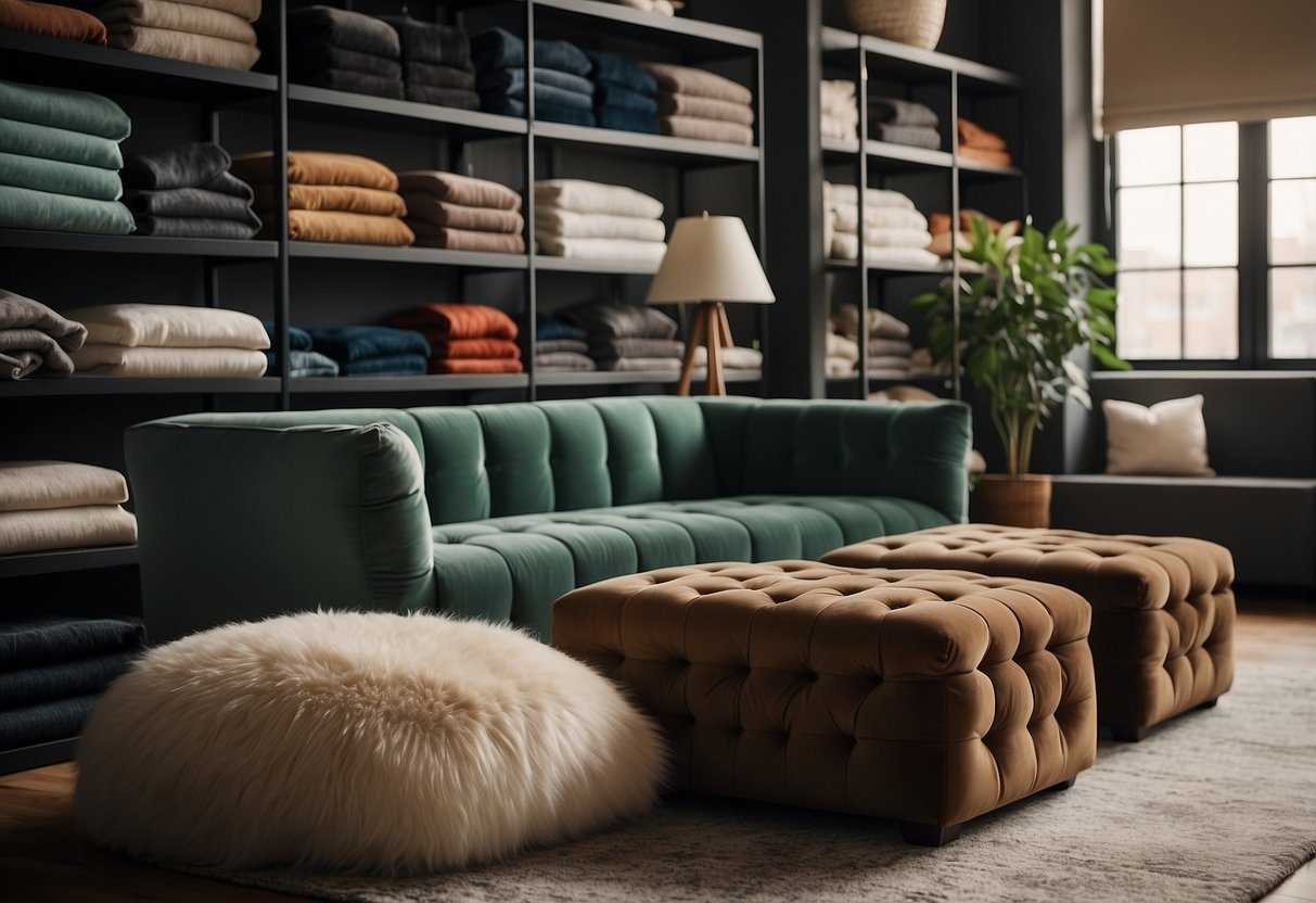 A plush velvet ottoman bench sits in a cozy clothes room, surrounded by racks of stylish garments and shelves of neatly folded linens