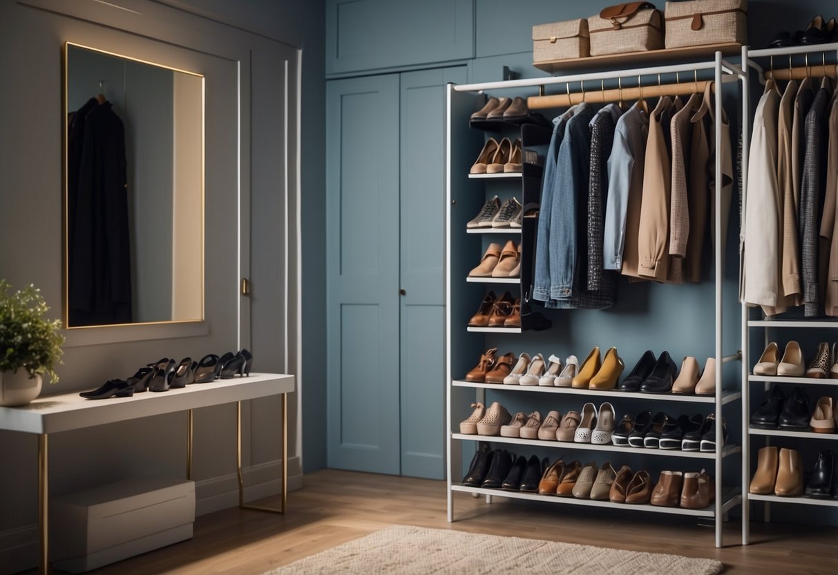 A tidy clothes room with an over-the-door shoe organizer filled with neatly arranged shoes and accessories. The room is well-lit and organized, creating a sense of order and functionality