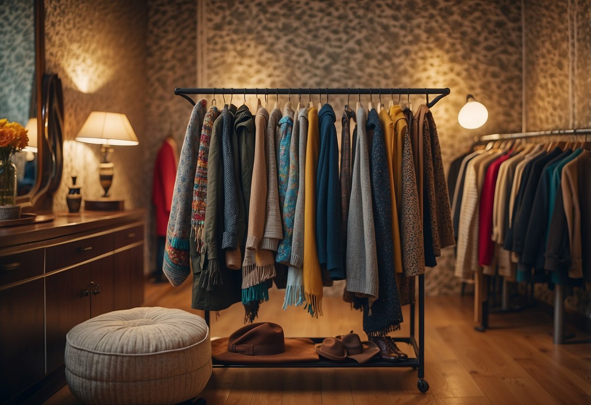 A vintage clothes rack stands against a patterned wallpaper, adorned with colorful scarves and hats. A mirror reflects the cozy room