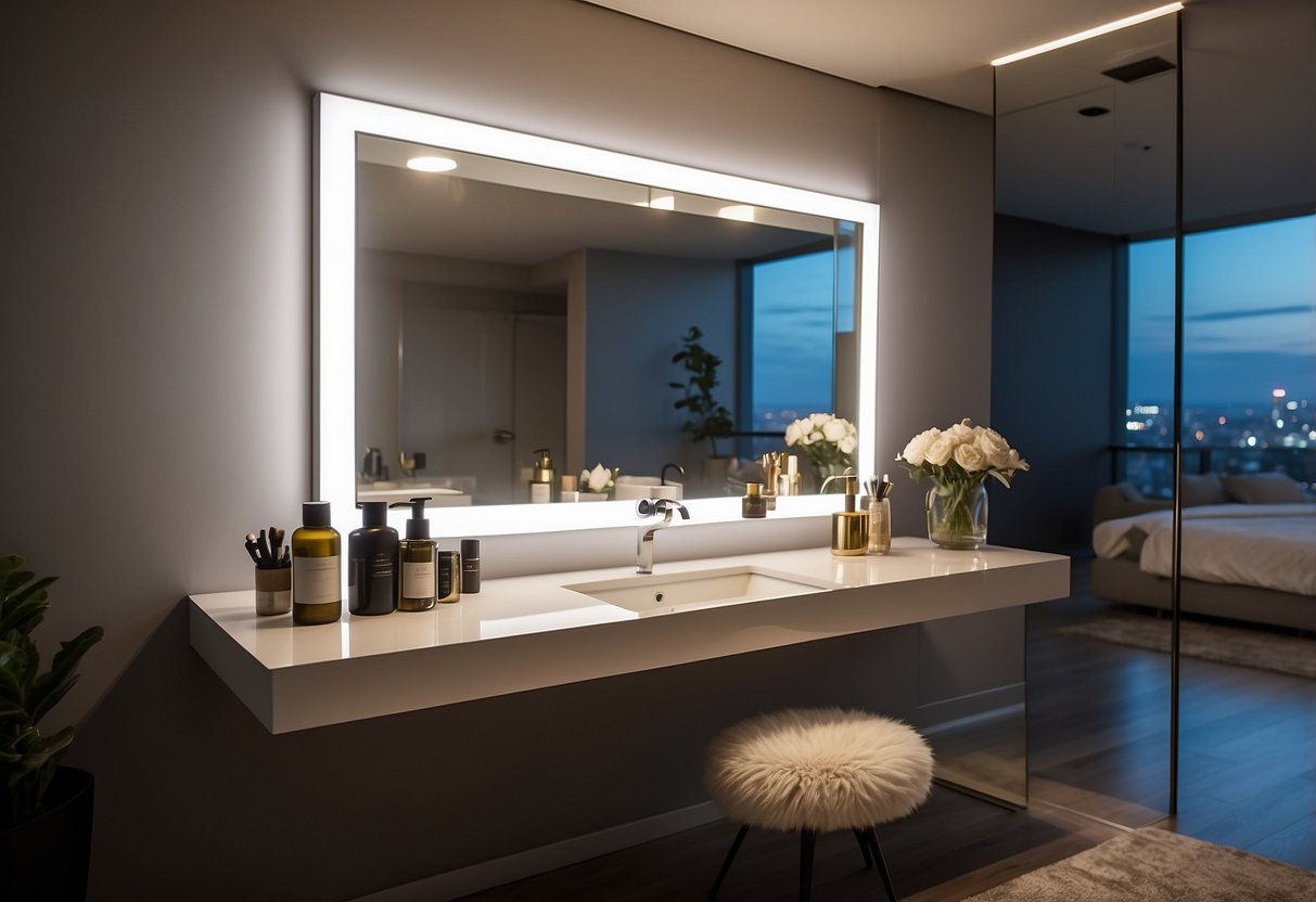 A modern LED vanity mirror hangs on the wall, illuminating the clothes room with a soft glow. The mirror is surrounded by sleek, minimalist decor, creating a chic and stylish atmosphere