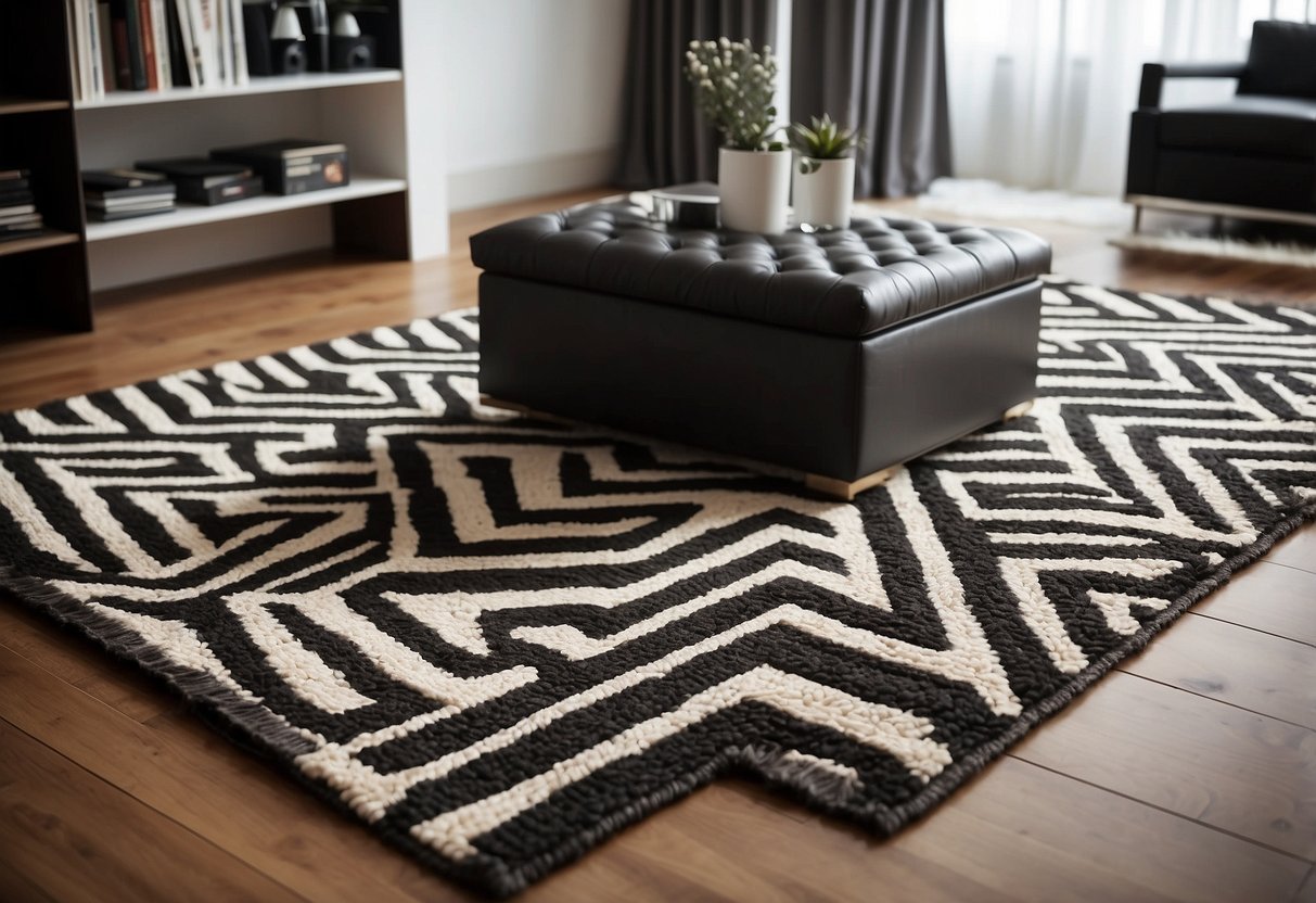 A chevron pattern rug lays on the floor of a stylish clothes room, adding a modern touch to the decor