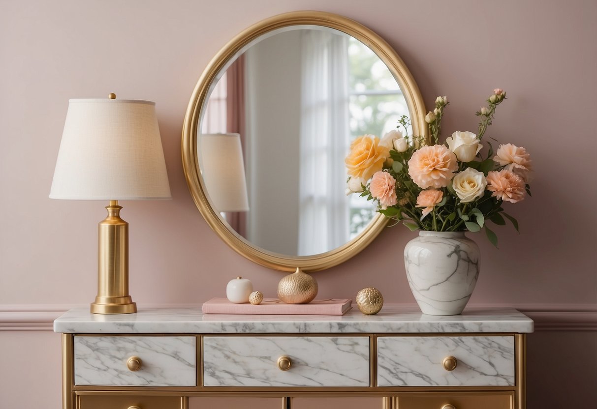 A marble top dresser sits against a pastel-colored wall, adorned with a vase of fresh flowers and a decorative mirror. The dresser is neatly organized with folded clothes and a few elegant accessories