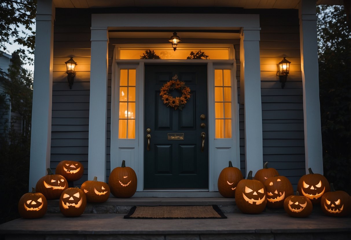 A front porch adorned with carved pumpkins, spider webs, and flickering lanterns. A spooky wreath hangs on the door, while a ghostly figure lurks in the shadows