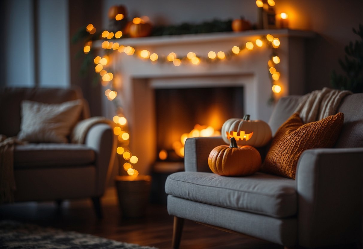 A cozy living room with pumpkin fairy lights draped around the fireplace and on the mantle, creating a warm and festive Halloween atmosphere