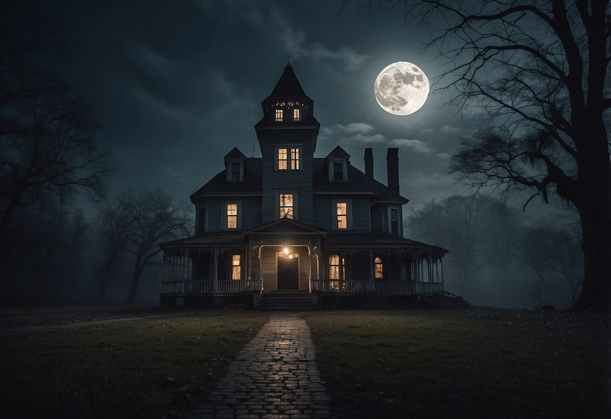 A spooky haunted house with eerie lighting, cobwebs, and ghostly figurines. A full moon casts a haunting glow on the scene