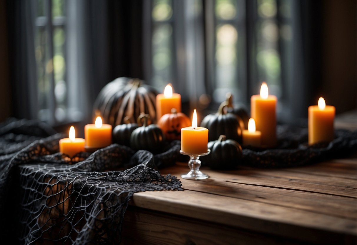 A black lace tablecloth drapes over a wooden table, adorned with spooky Halloween decorations like pumpkins, candles, and spiderwebs