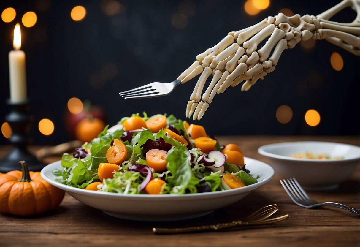 A skeleton hand-shaped salad tongs reaching for a bowl of salad on a Halloween-themed table setting