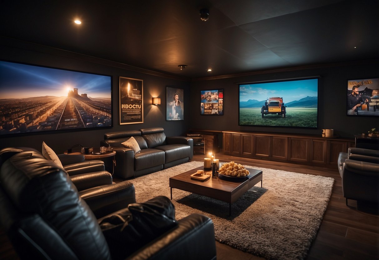 A cozy home cinema with plush seating, dimmable lighting, and a large projector screen adorned with movie posters and a popcorn machine