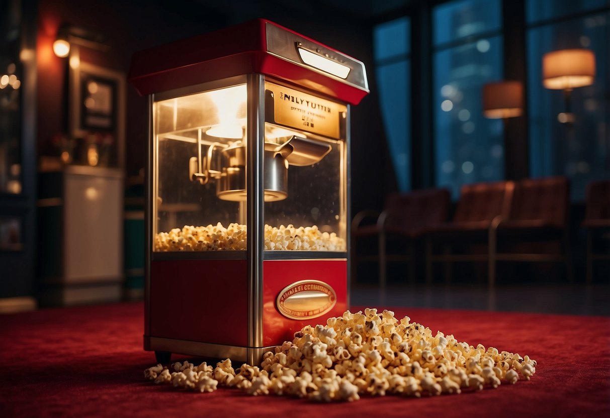 A vintage popcorn machine sits on a red carpet, surrounded by movie posters and dimmed lights, creating a cozy home cinema atmosphere