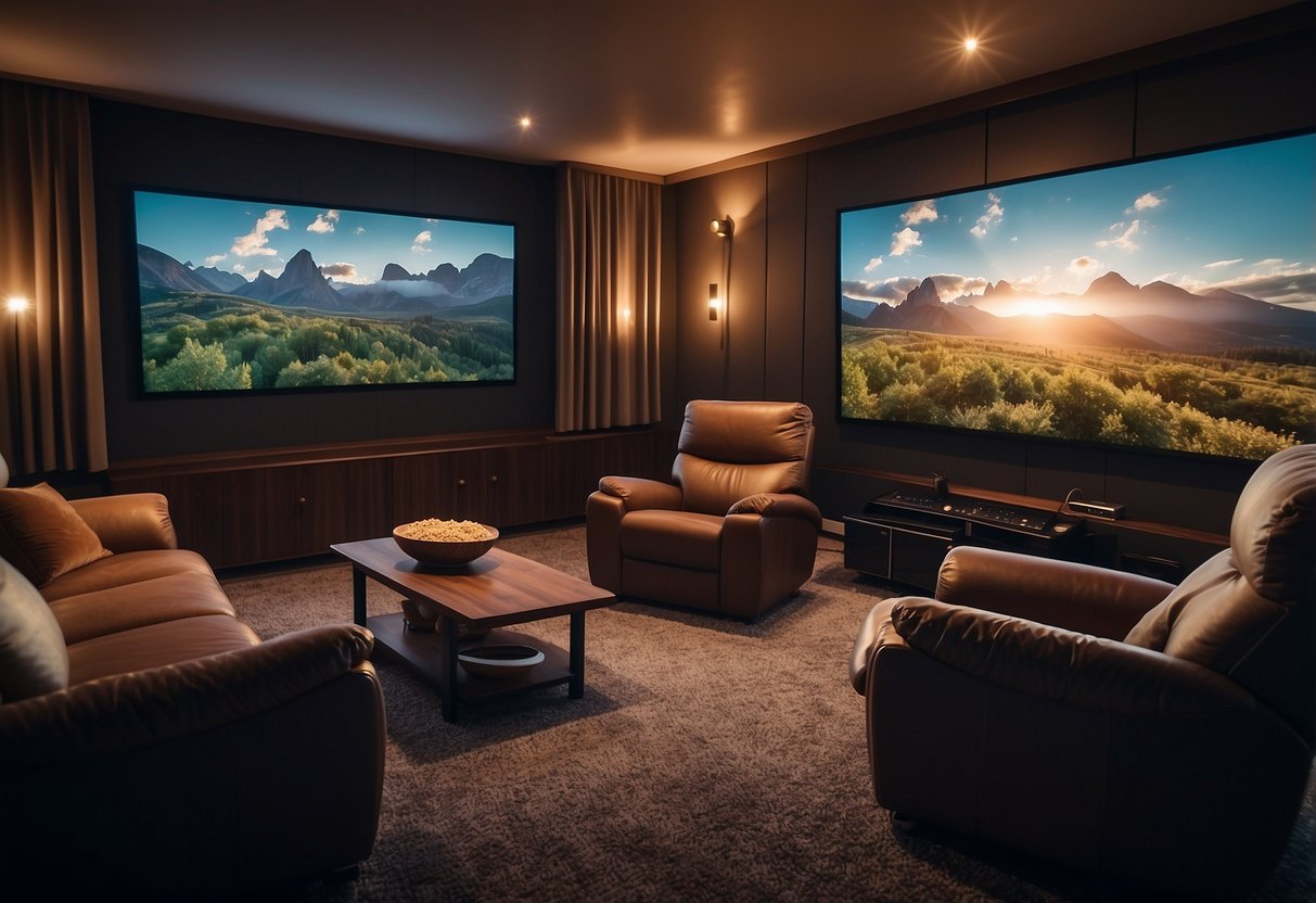 A cozy home cinema with plush recliner chairs, a large screen, soft ambient lighting, and a popcorn machine