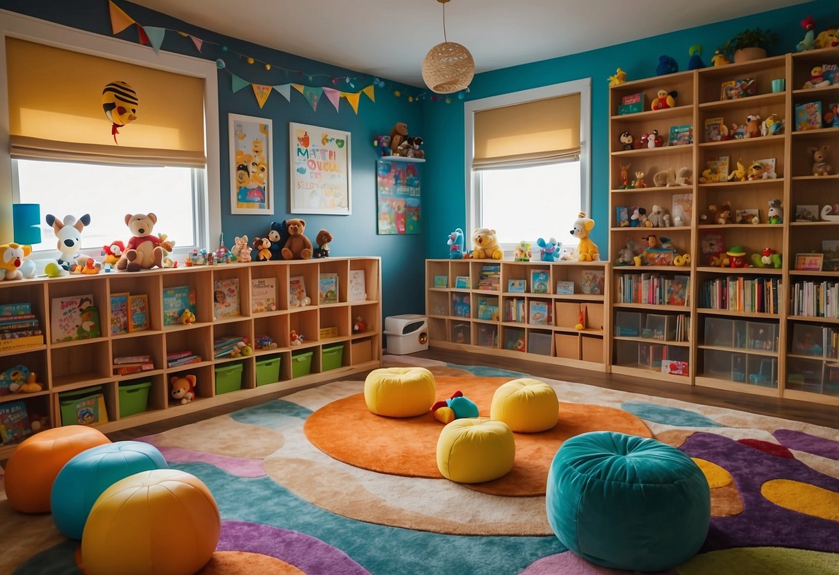 A colorful playroom with soft, plush rugs, wall decals of cartoon characters, and shelves filled with children's books and toys