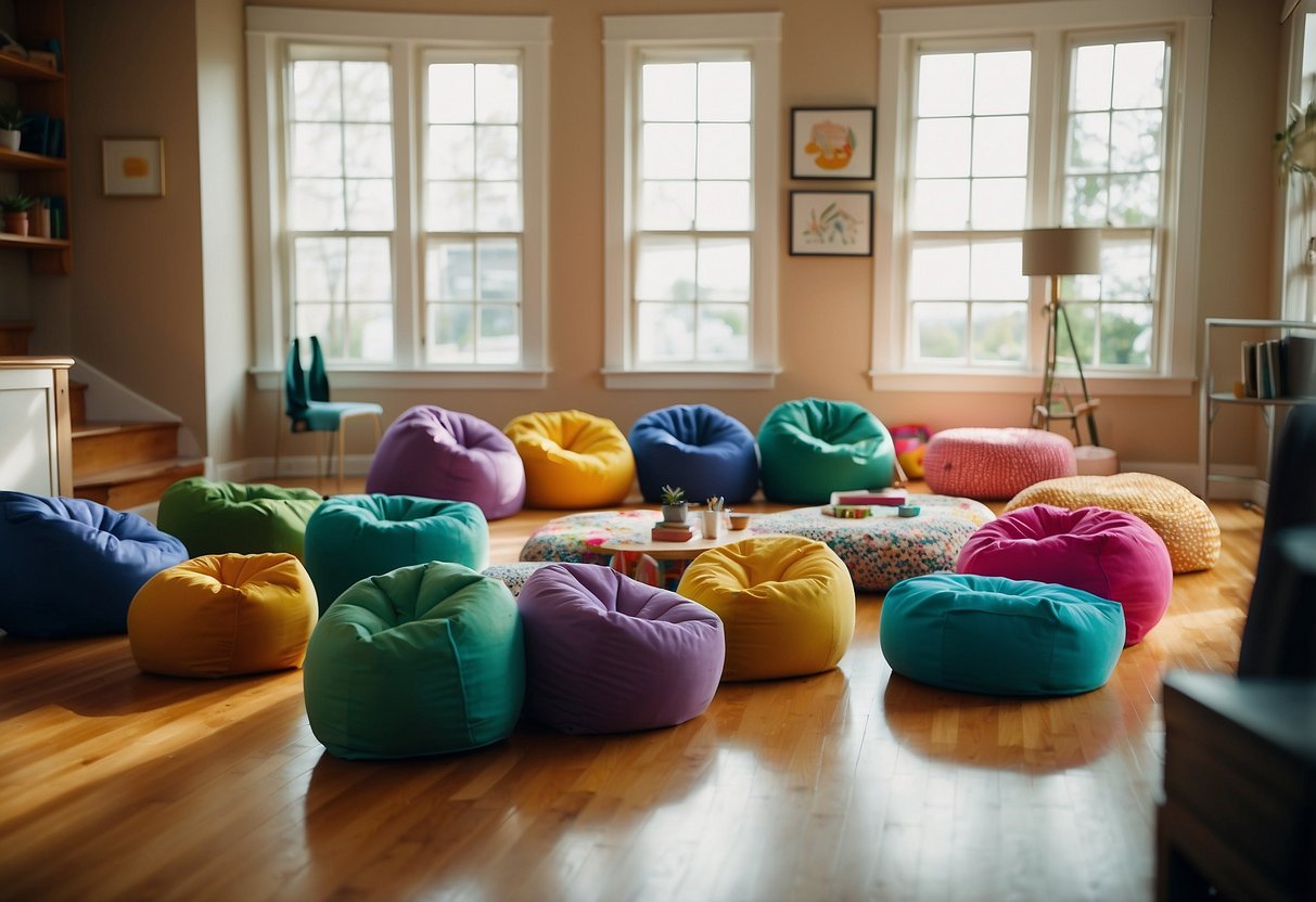 Colorful bean bag chairs scattered in a playful living room, surrounded by vibrant kid-friendly home decor