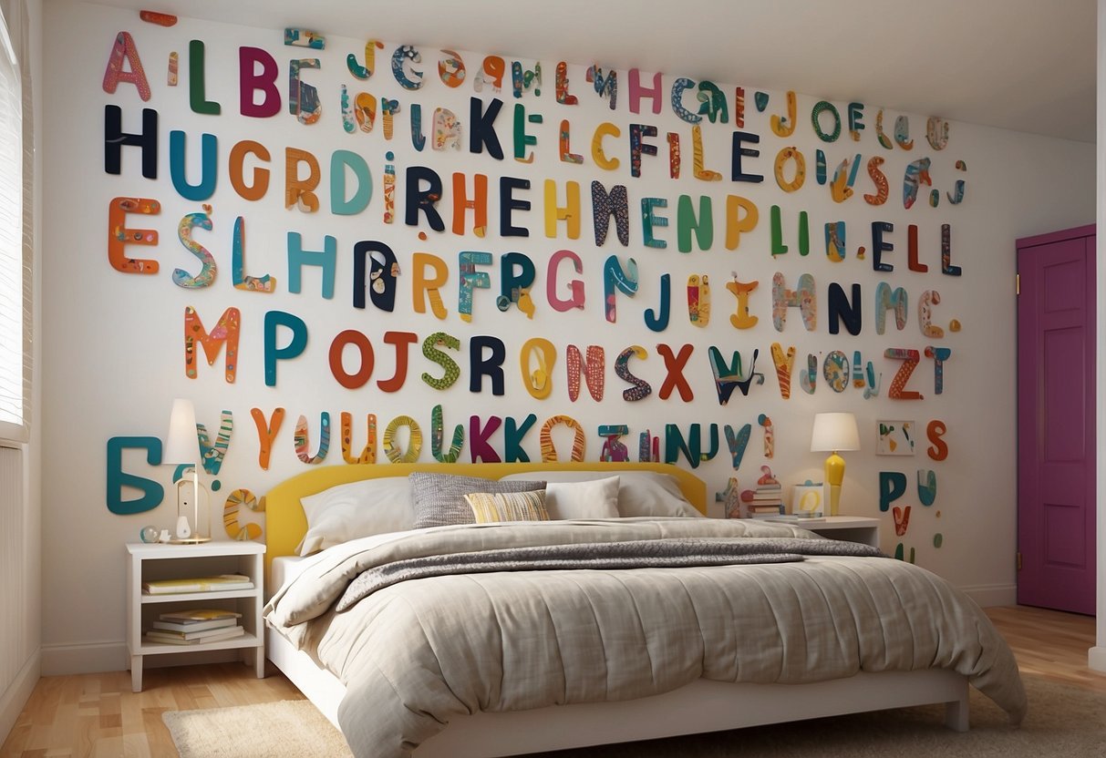 Colorful alphabet wall decals arranged in a playful pattern on a bedroom wall, creating a fun and educational atmosphere for kids