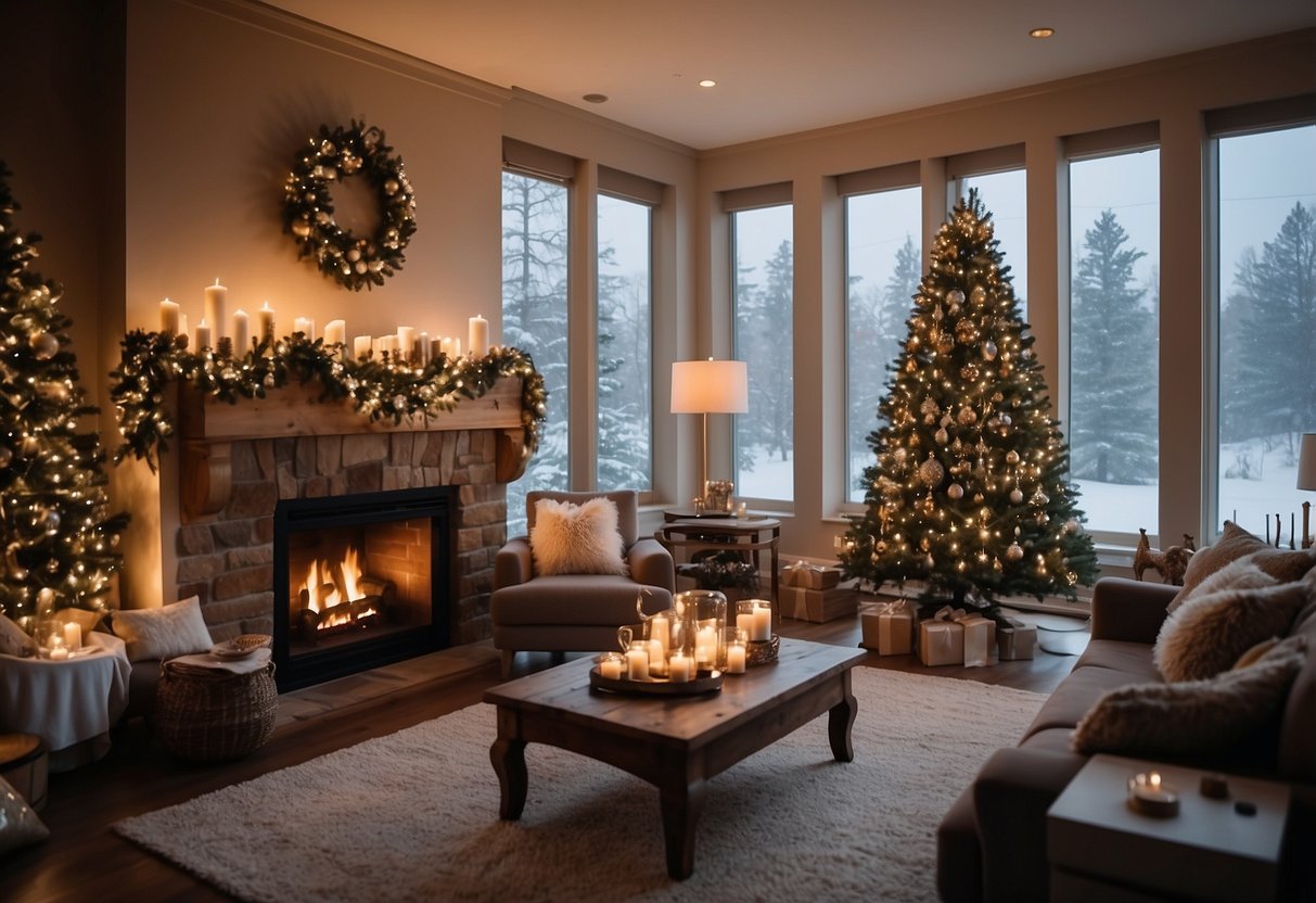 A cozy living room with a fireplace, adorned with a sparkling Christmas tree, twinkling lights, and festive garlands draped across the mantel and windows