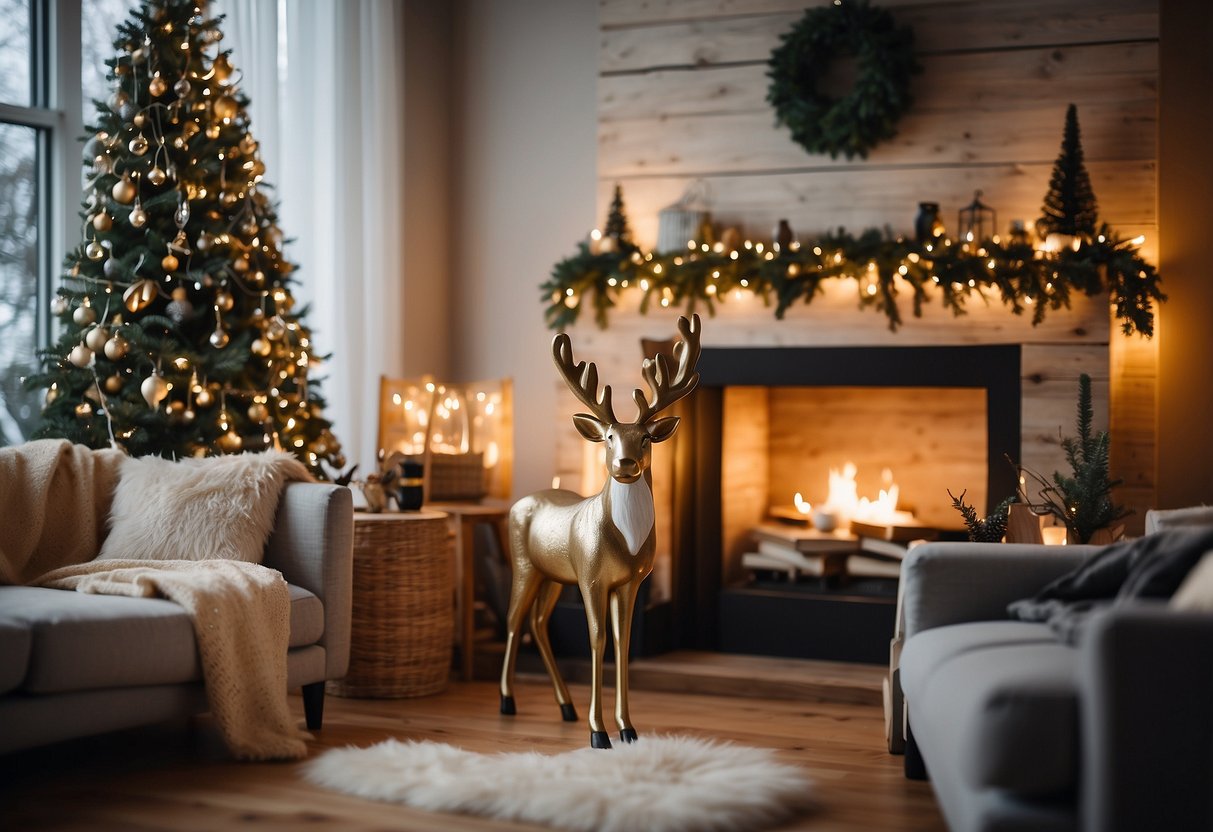 A cozy living room with a rustic wooden reindeer xmas decoration placed on a mantelpiece or side table, surrounded by warm holiday lights and greenery