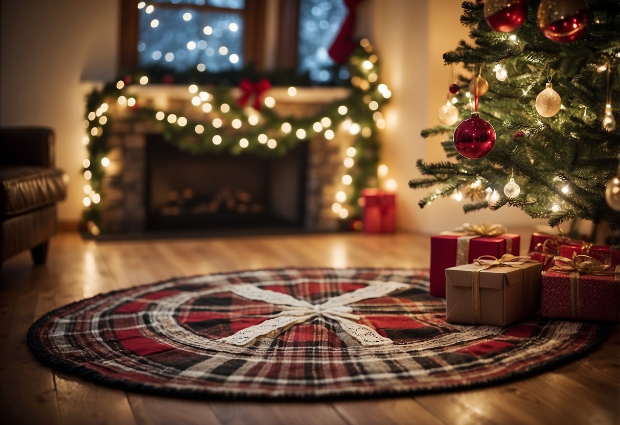 A plaid Christmas tree skirt lays under a beautifully decorated tree in a cozy living room, adding a festive touch to the holiday decor