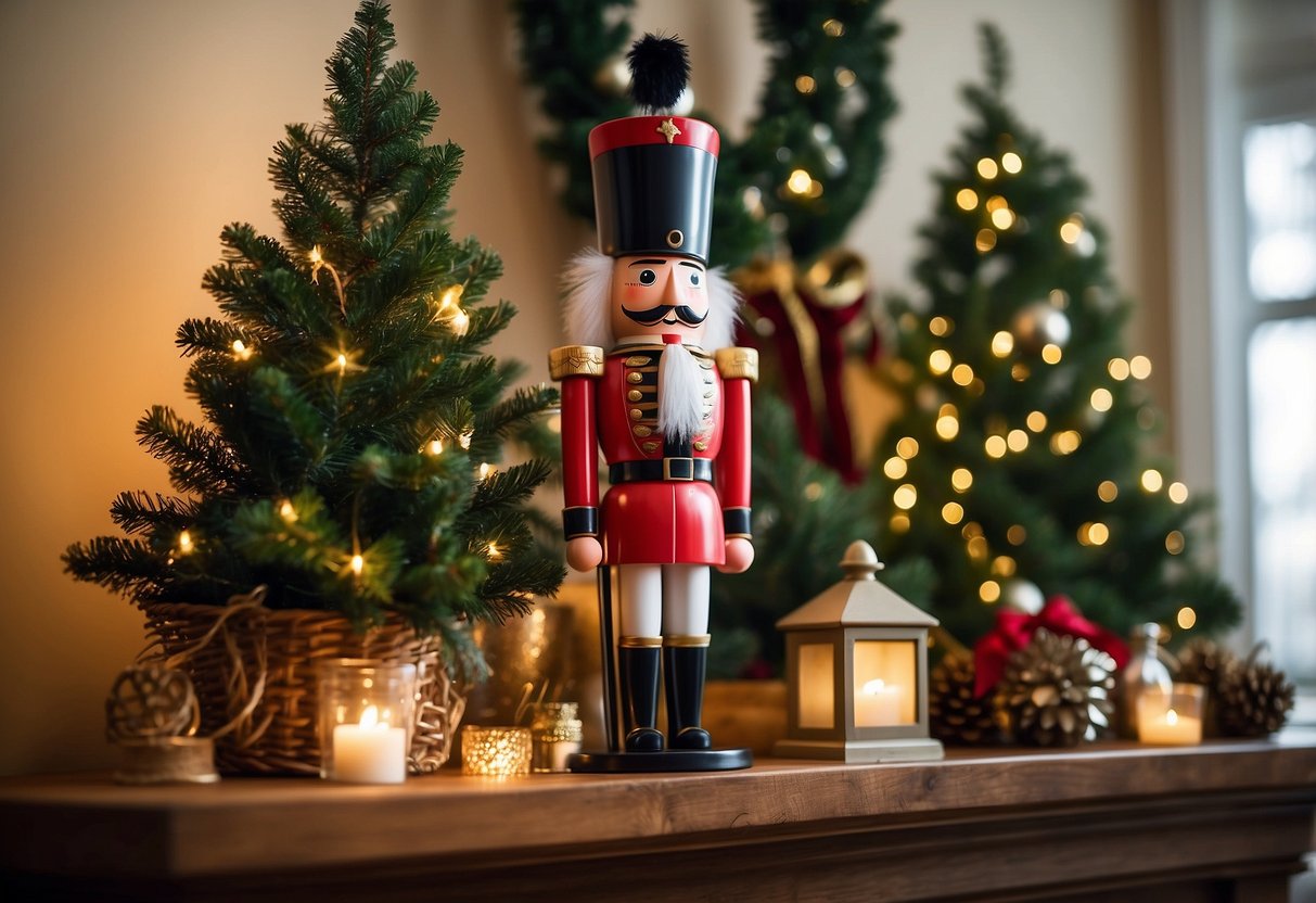 A vintage nutcracker soldier stands tall on a mantel, surrounded by twinkling lights and festive greenery in a cozy living room