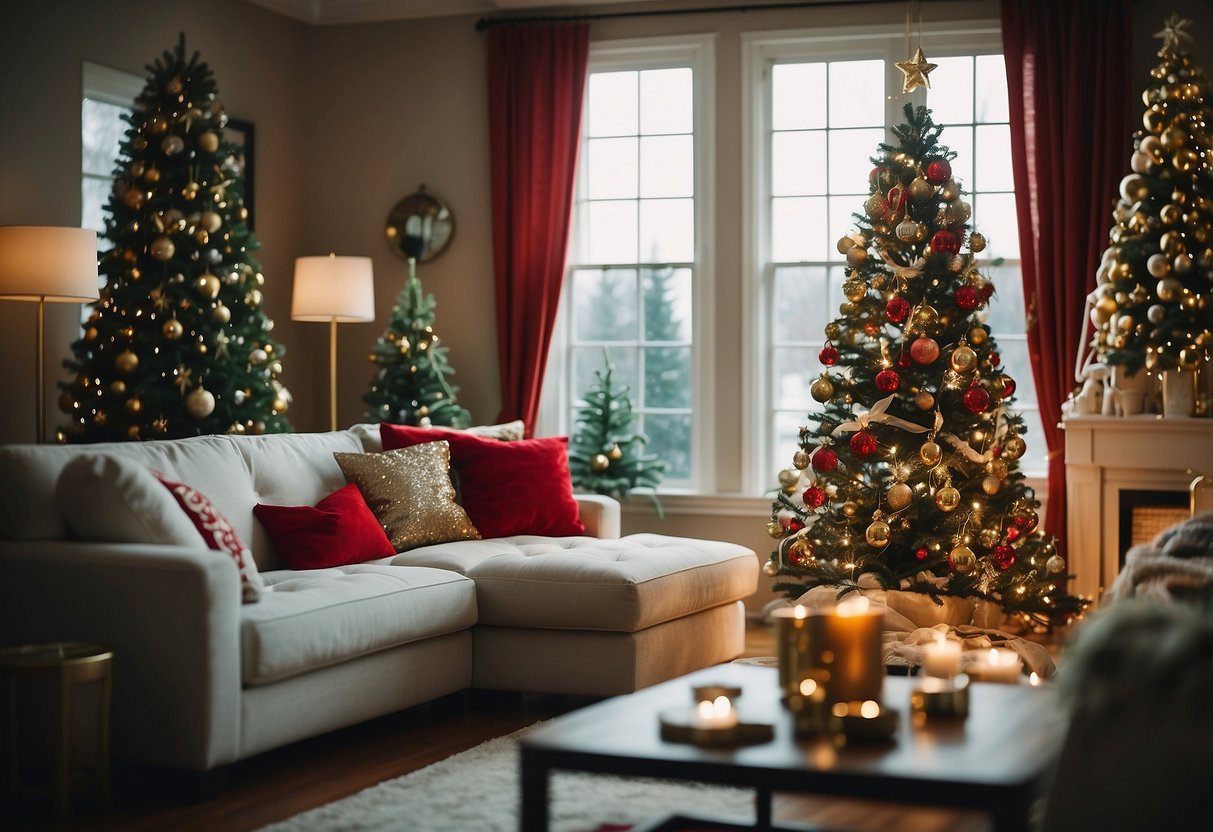 A cozy living room with red and green ornaments, gold accents, and a sparkling white tree