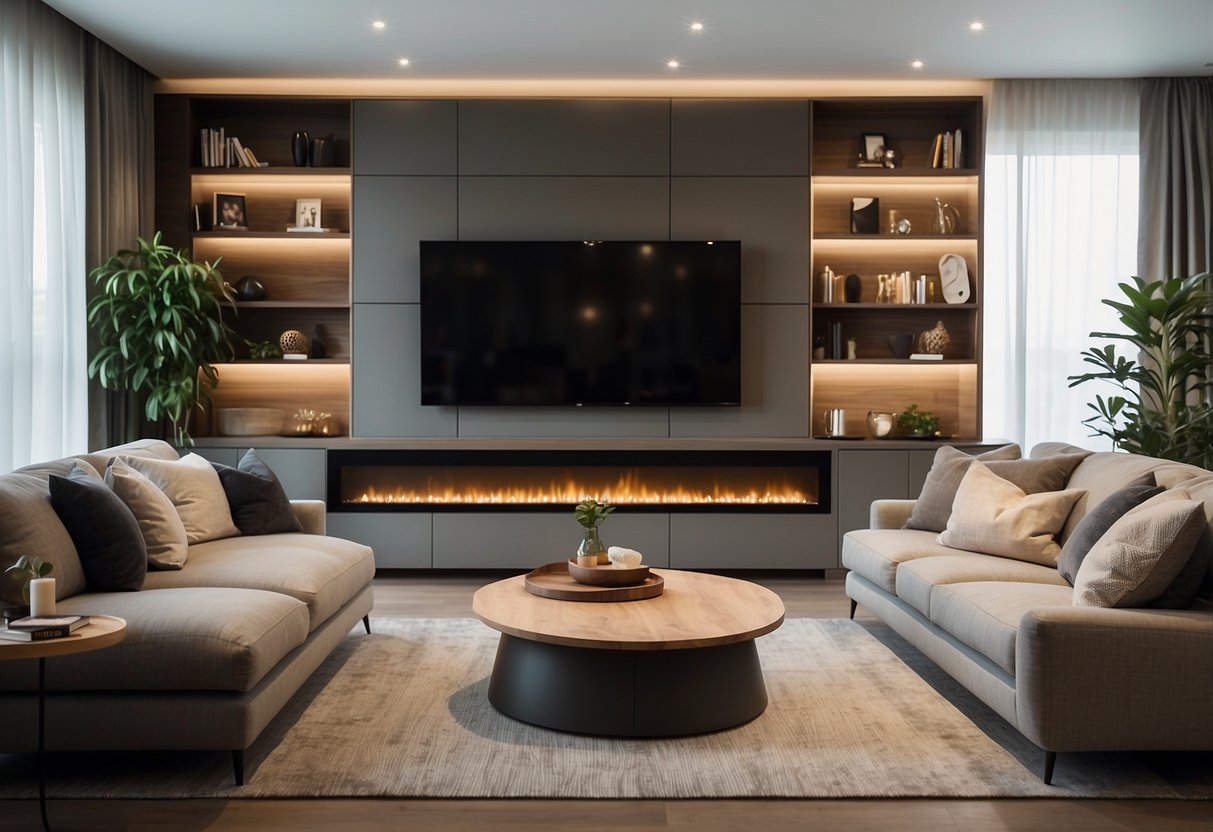 A cozy living room with a sleek TV wall featuring built-in shelves, recessed lighting, and a large flat-screen TV as the focal point