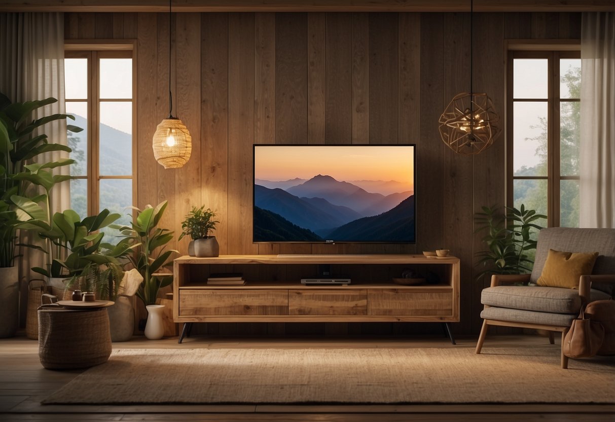 A rustic wooden TV frame hangs on a living room wall, surrounded by cozy decor and warm lighting