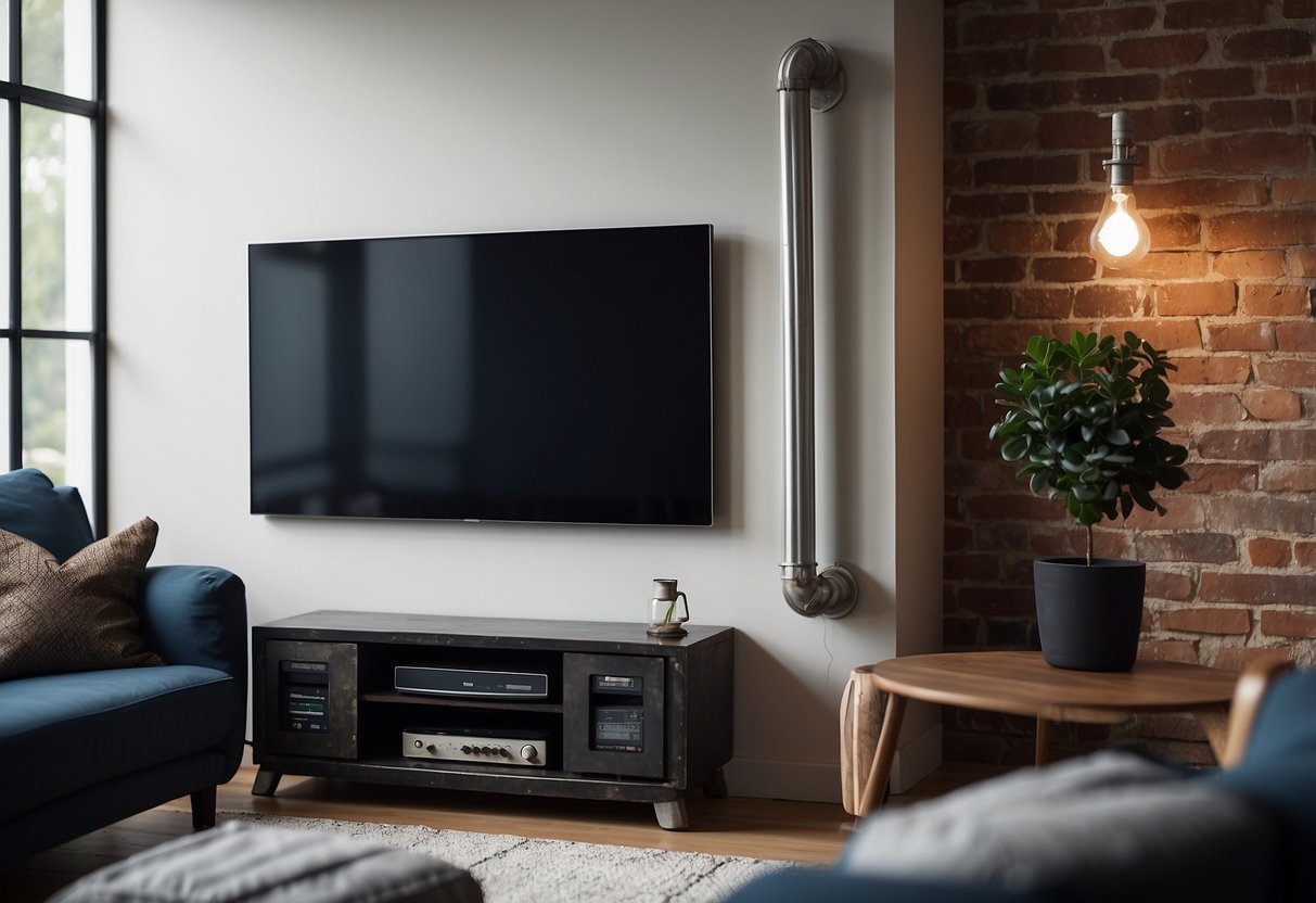 A sturdy metal pipe extends from the wall, holding a flat-screen TV in the living room. The industrial aesthetic adds a modern touch to the space