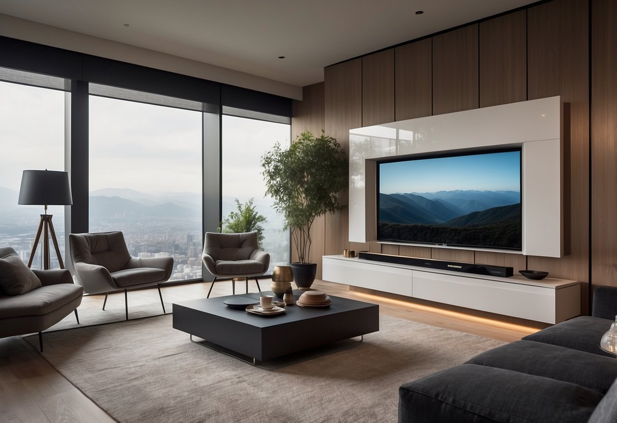 A modern living room with a sleek, white Pop-Up TV Lift Cabinet mounted on the wall, surrounded by minimalist decor and soft, ambient lighting