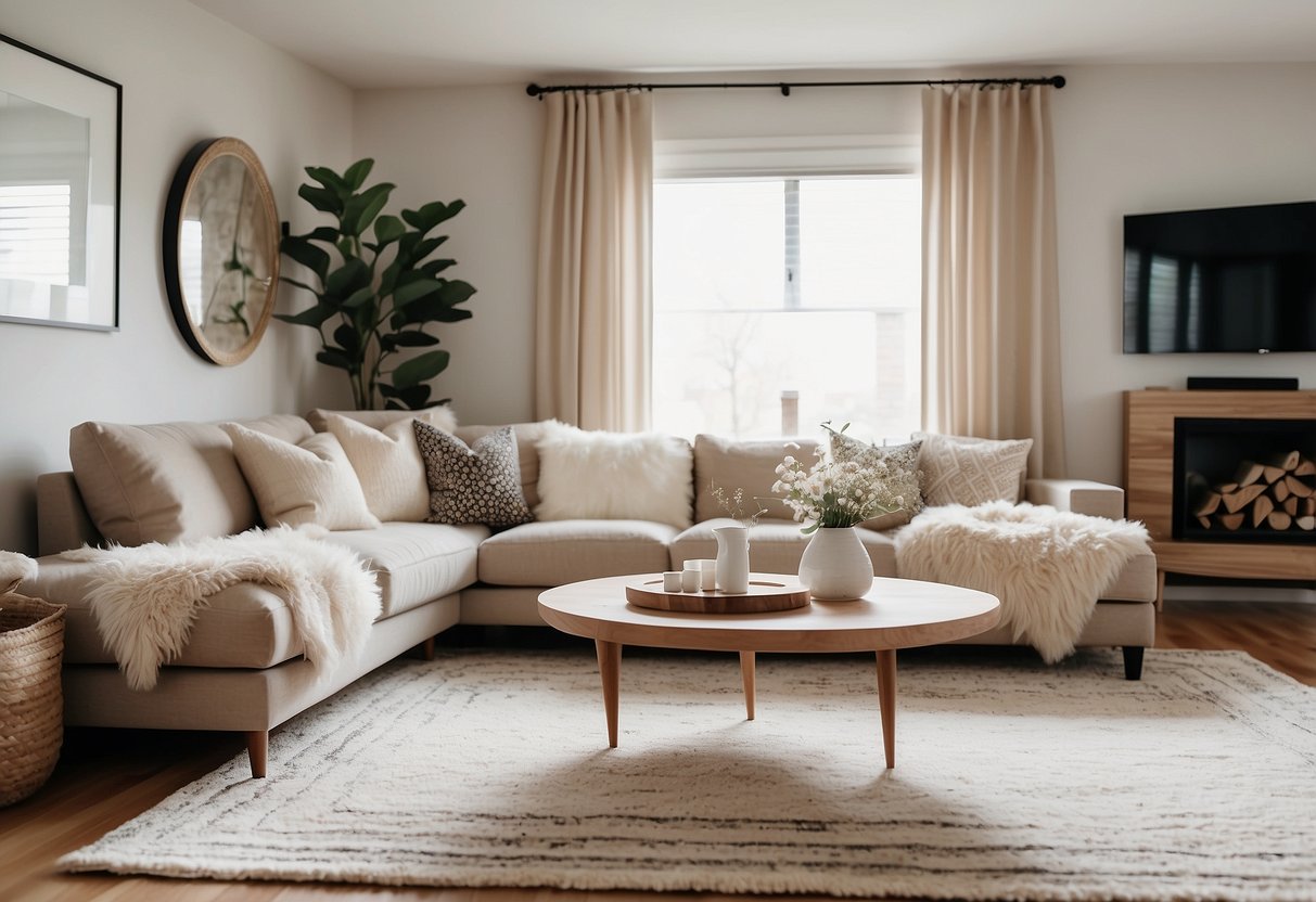 A cozy living room with a neutral color palette, a plush sofa, a coffee table with decorative accents, and a large statement rug