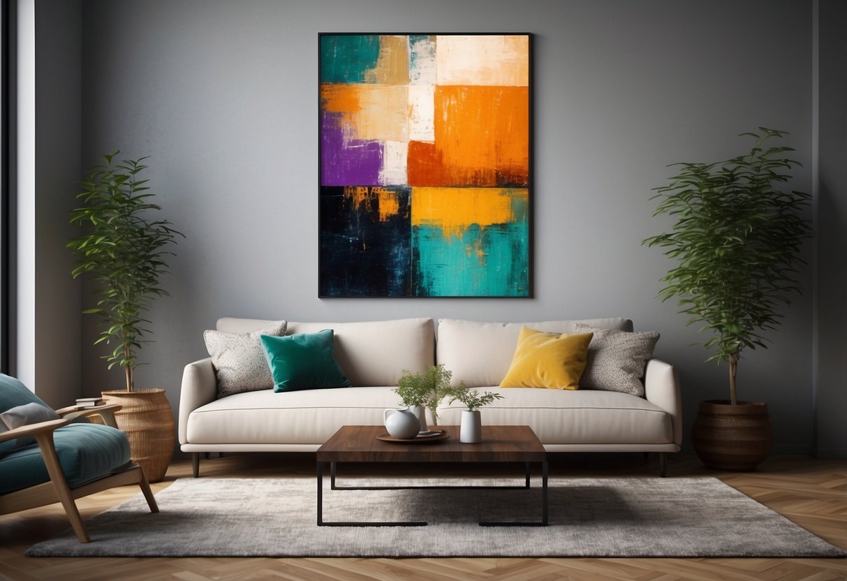 Vibrant abstract canvas art adorns a modern living room wall, creating a focal point in a stylish apartment