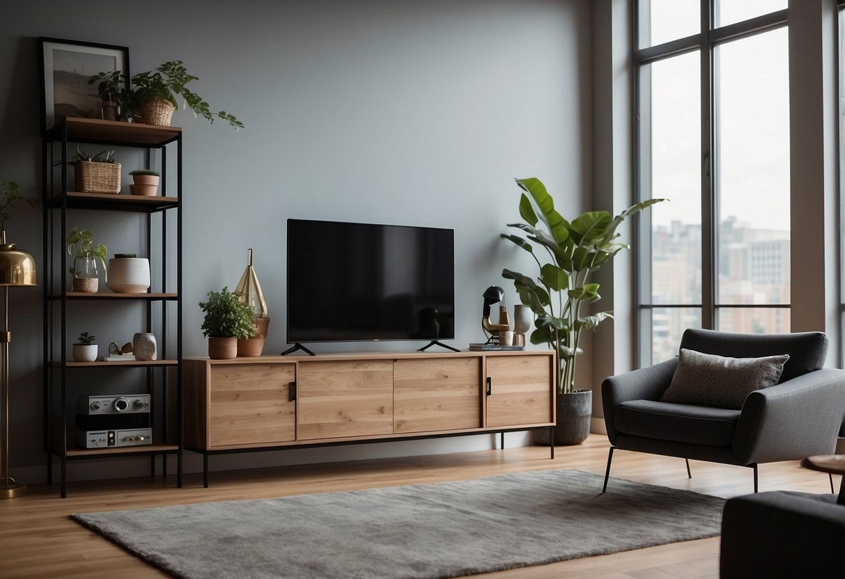 A modern living room with an industrial TV stand as the centerpiece, surrounded by minimalist decor and cozy furniture