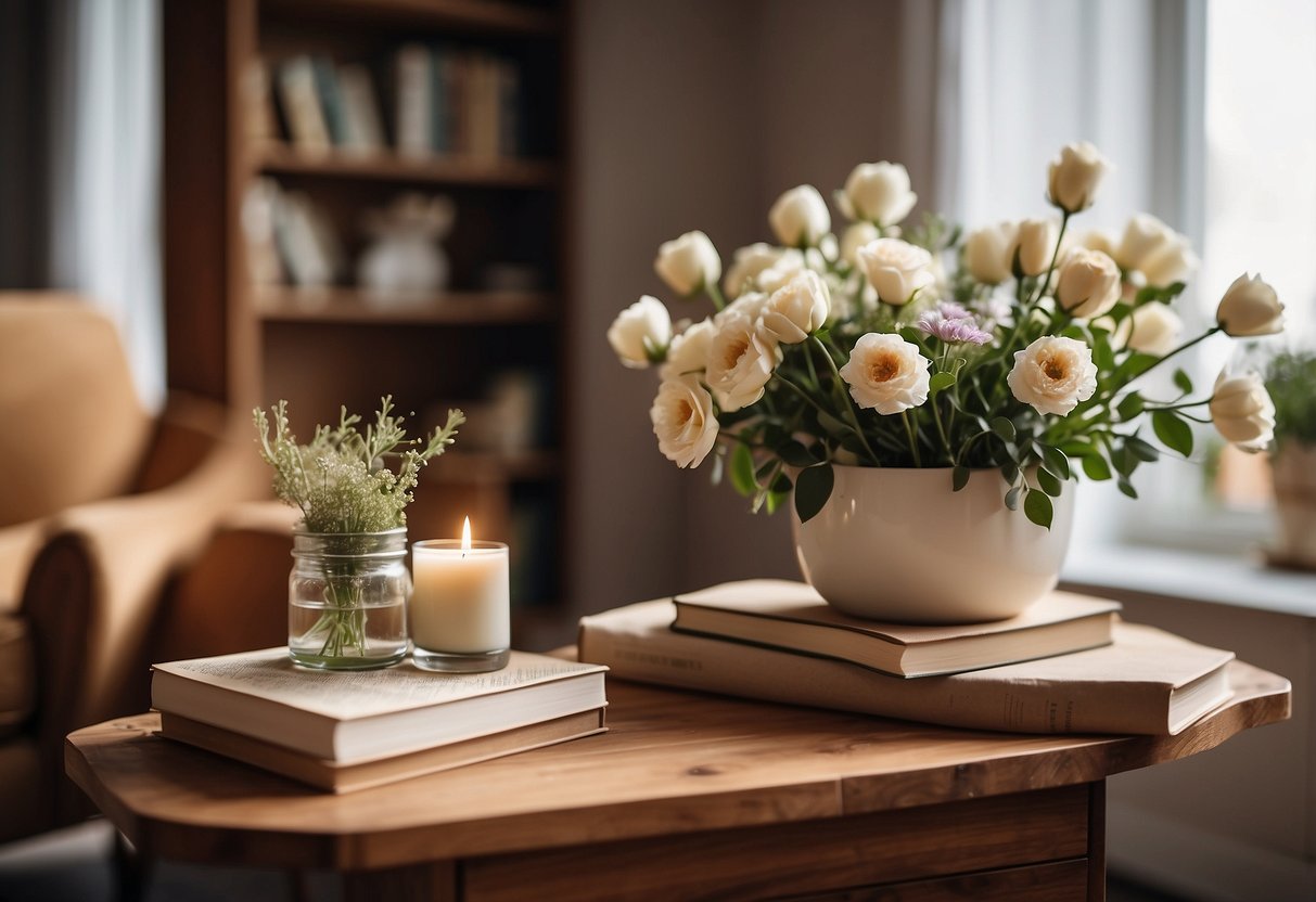 A rustic wooden side table sits in a cozy living room, adorned with a vase of fresh flowers and a stack of books. The warm, inviting atmosphere of the apartment is enhanced by this simple yet charming home decor piece