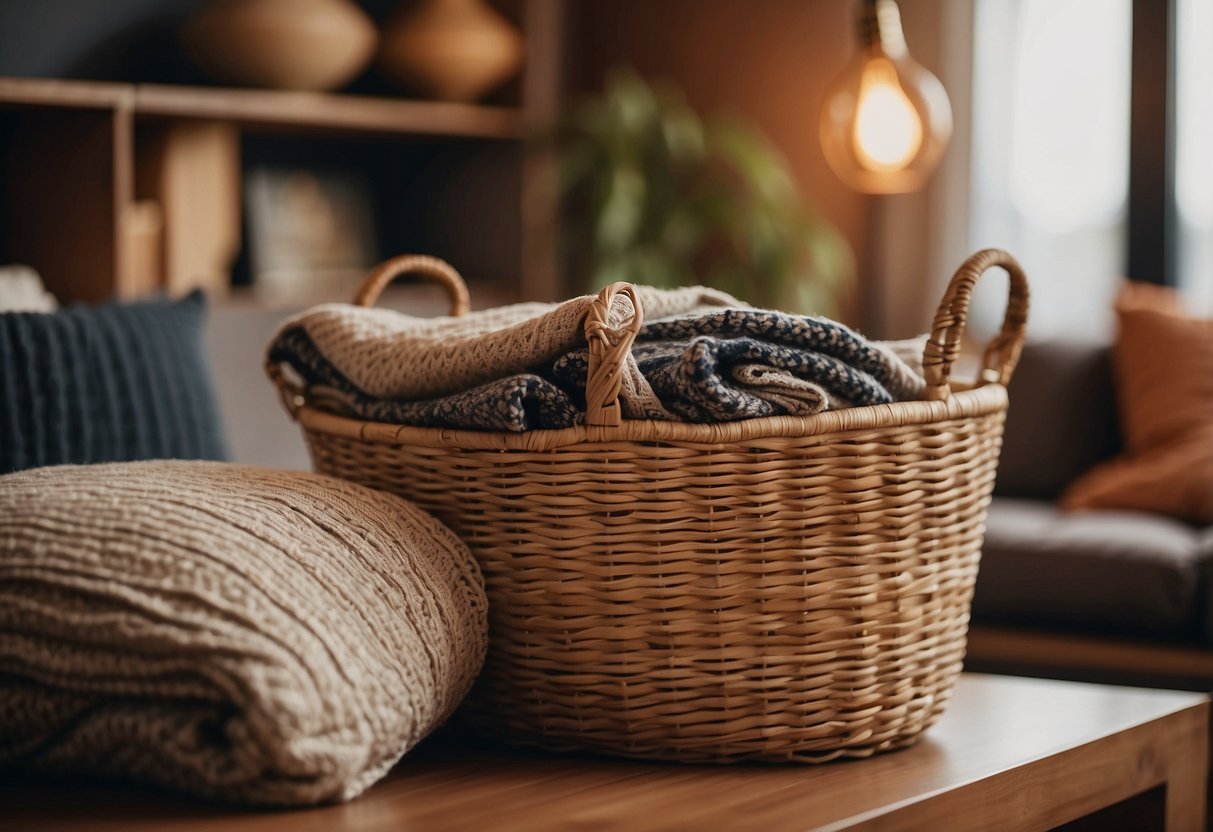 A woven basket sits on a shelf, filled with cozy blankets and pillows. The warm colors add a touch of rustic charm to the modern living room