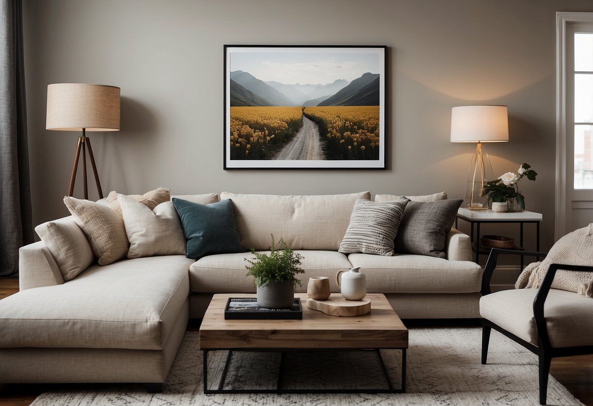 A cozy living room with a neutral color palette, a comfortable sectional sofa, a statement rug, and a gallery wall of artwork