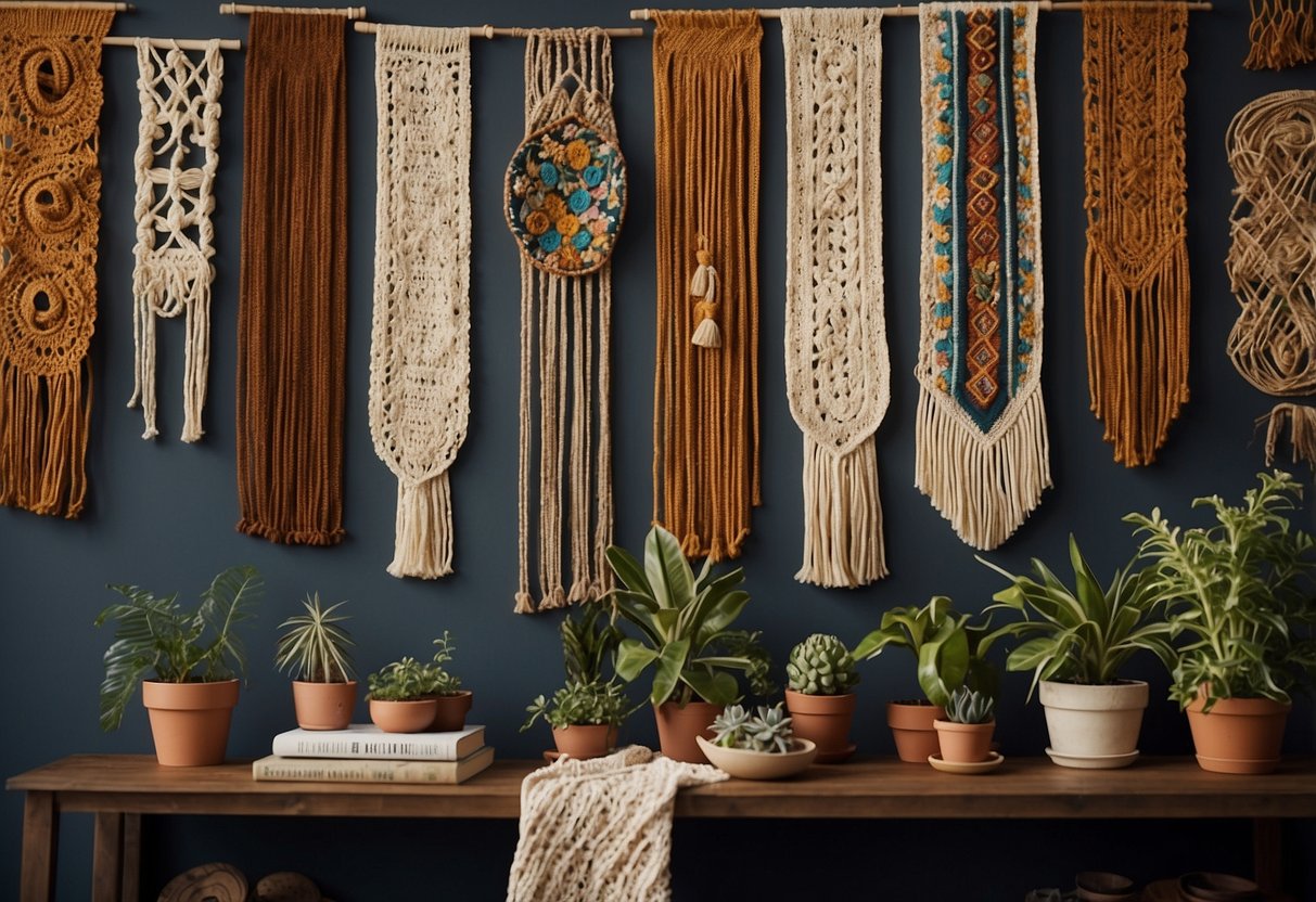 Colorful tapestries and macrame hang from walls, plants cascade from ceiling hooks, and shelves display a mix of artful objects and knick-knacks