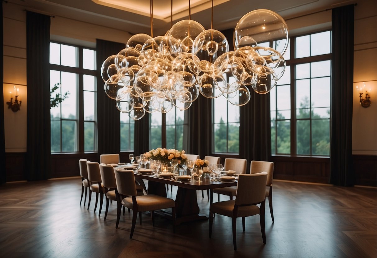 A grand dining room with glass bubble chandeliers hanging from the ceiling, casting a warm and elegant glow over the space