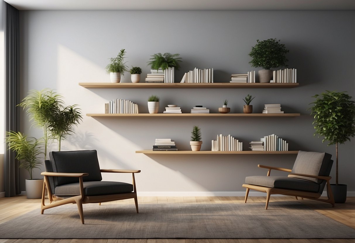 Floating bookshelves hold books and plants, creating a modern and minimalist home decor