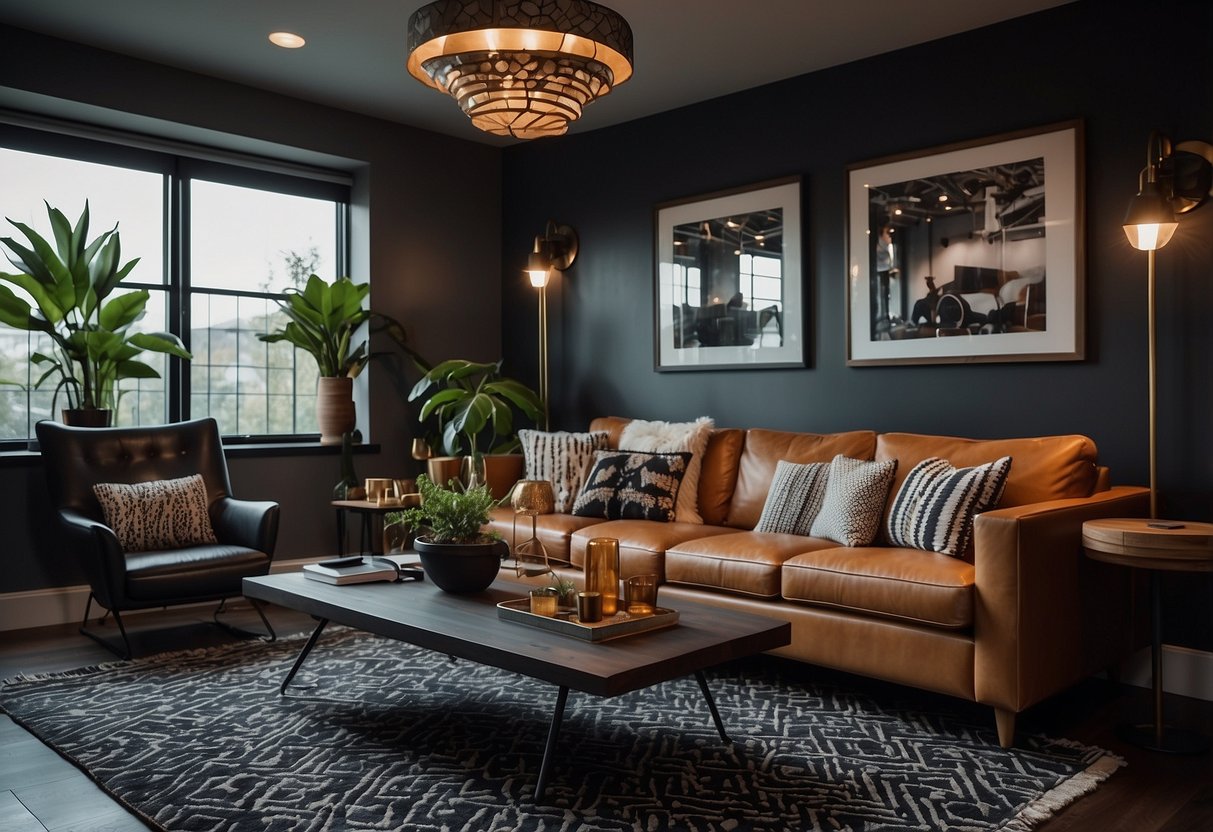 A living room with dark walls, industrial lighting, and bold, graphic art. Metal and leather furniture with pops of color. Geometric rugs and textured throw pillows